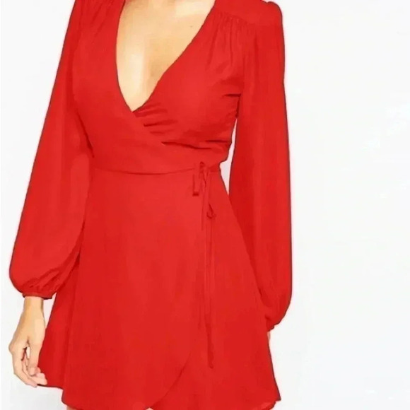 ASOS Red Mini Wrap Dress with Blouson Sleeve - Picture 2 of 7